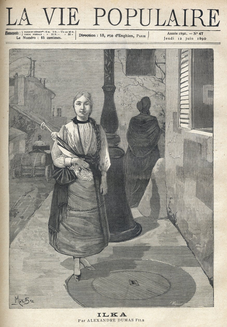 En enkel og fornem ung kvinde, med pigtails hår, holder en paraply, går med selvtillid på gaden. Bag hende fortsætter en kvinde klædt i sort og et træk med tønder deres rejse. Illustration af Alfons Maria Mucha (Alphonse Mar af Alphonse Mucha