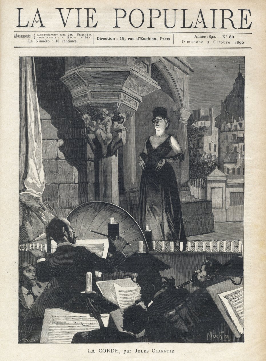 En sanger på scenen står over for orkestret i pitten, musikerne og dirigenten i fuld optræden. Illustration af Alfons Maria Mucha (Alphonse Marie Mucha af Alphonse Mucha
