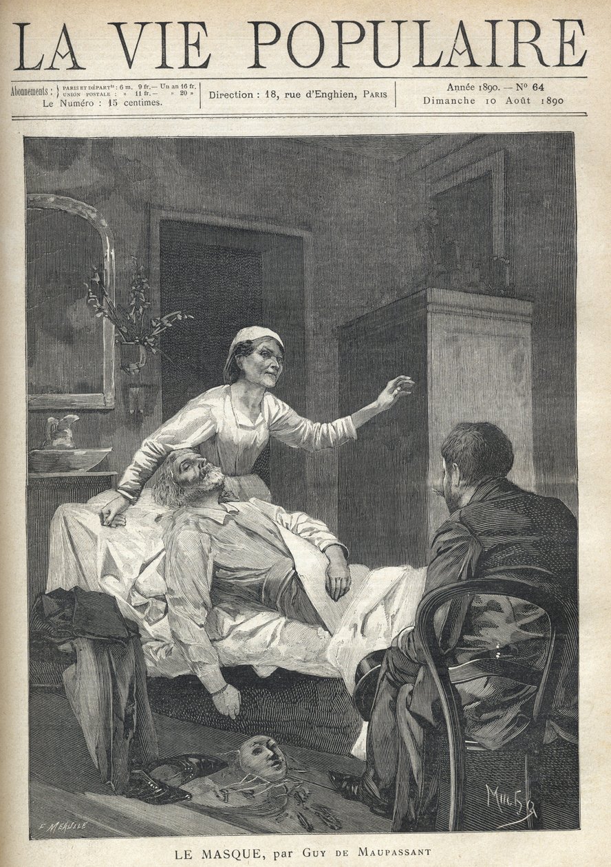 En tynd gammel mand med et emacie-ansigt strækker sig, hans jakkesæt, hans sko og en karnevalsmaske slæber sig nær hans ble (en lakenjete på en sofa) i "La Vie Populaire" af Alphonse Mucha