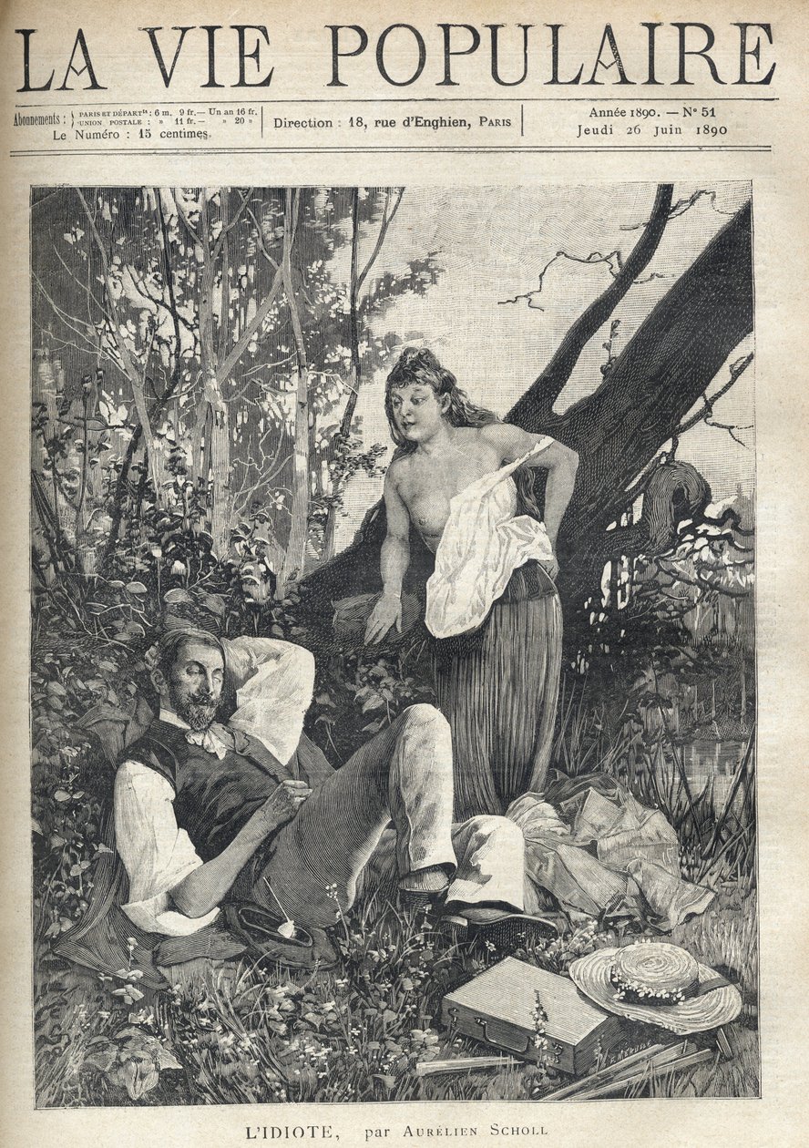 En ung kvinde, decoiffee, denudee, tilsyneladende kiste, læner sig med selvtillid og sjov mod en maler, der ligger og sover midt i naturen, jakke, hat, materiale og pibesparpiller på gulvet. Illustration af Alfons Maria Mucha (Alphonse Marie Mucha af Alphonse Mucha