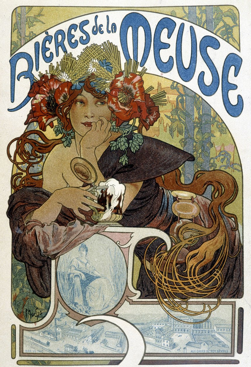 Reklame for øl fra Maas. Illustration af Mucha (tjekkisk maler og plakatdesigner af Alphonse Mucha