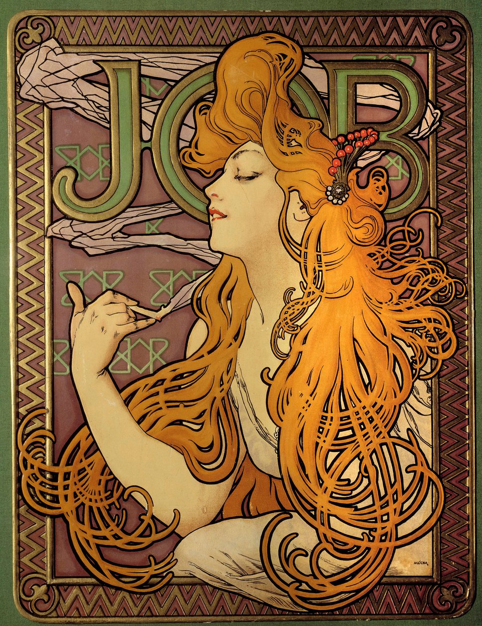 Reklame for mærket af papirer en cigaret "" Job"", Litografi af Alphonse Mucha (1860-1939), illustrator tchecoslovaque af Alphonse Mucha