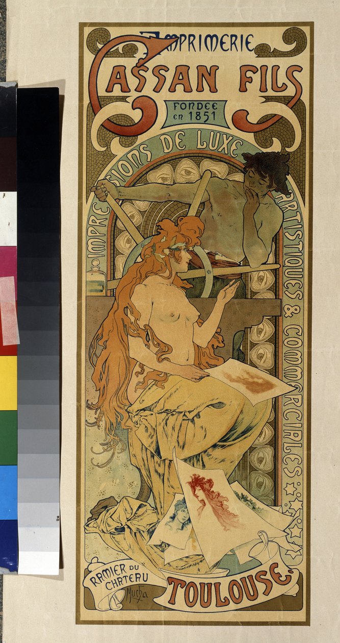 Reklameplakat for trykkeriet ""Cassan Fils, luksus, kunstnerisk og kommercielt tryk"" i Toulouse. Plakat af Alfons Maria Mucha (Alphonse Marie Mucha af Alphonse Marie Mucha