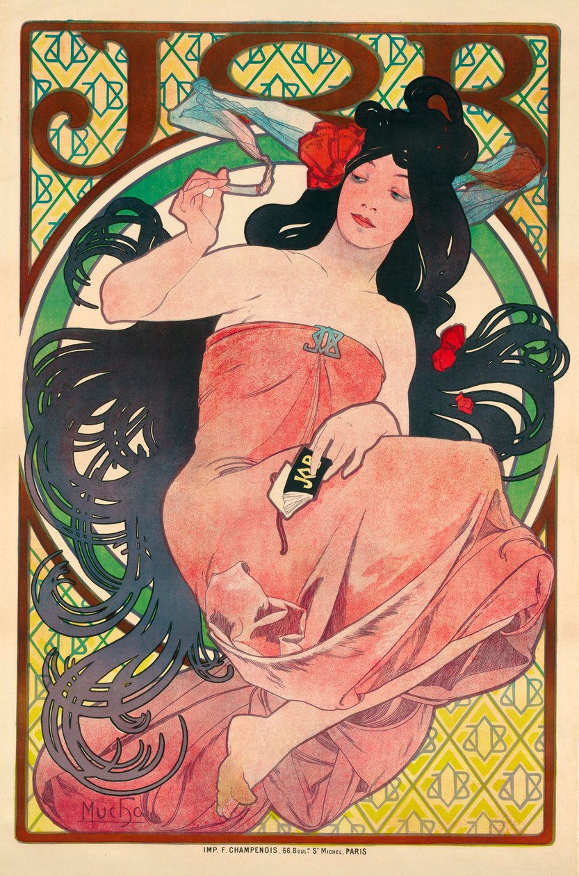 Affiche publicitaire pour le papier en cigaret Job - Reklameplakat for silkepapir Job - Tegning af Mucha, Alfons (Alfonse) Marie (1860-1939), Farvelitografi 1896 (51,5x39 cm) - Privat Samling af Alphonse Marie Mucha