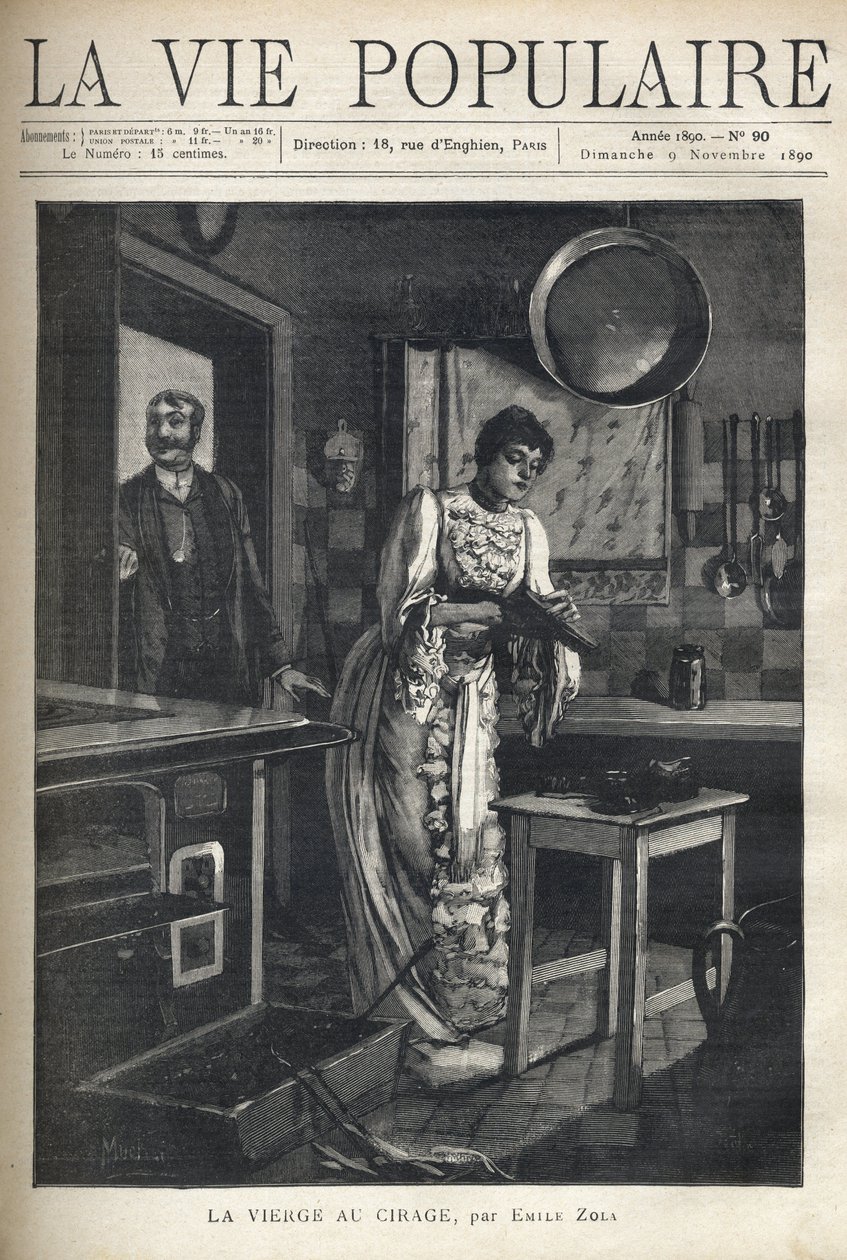 En elegant kvinde vokser en sko i køkkenet i et hus. En mand åbner døren bag hende. Illustration af Alfons Maria Mucha (Alphonse Marie Mucha af Alphonse Mucha