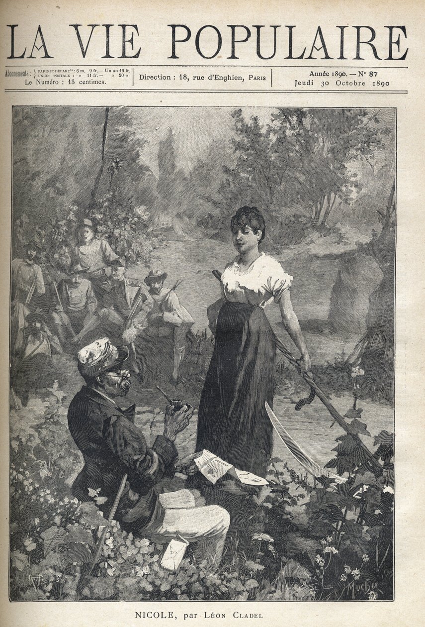 En gammel mand læser et brev til en smuk ung bonde, der holder en falsk (reaper). Jægere ser scenen i det fjerne. Illustration af Alfons Maria Mucha (Alphonse Marie Mucha af Alphonse Mucha