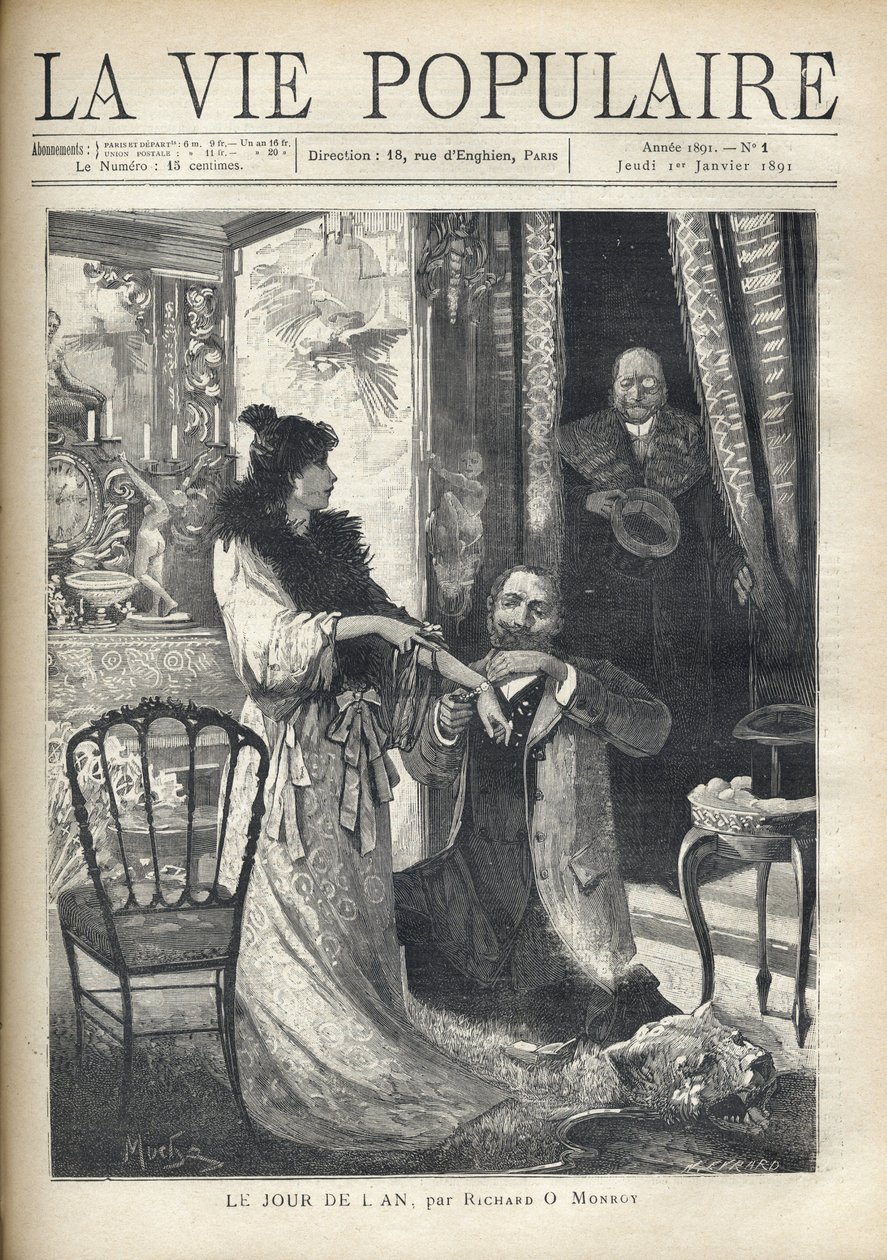 En gammel mand overrasker en galant scene: en mand, der knæler foran en elegant kvinde, sætter et armbånd på sit håndled. Illustration af Alfons Maria Mucha (Alphonse Marie Mucha af Alphonse Mucha