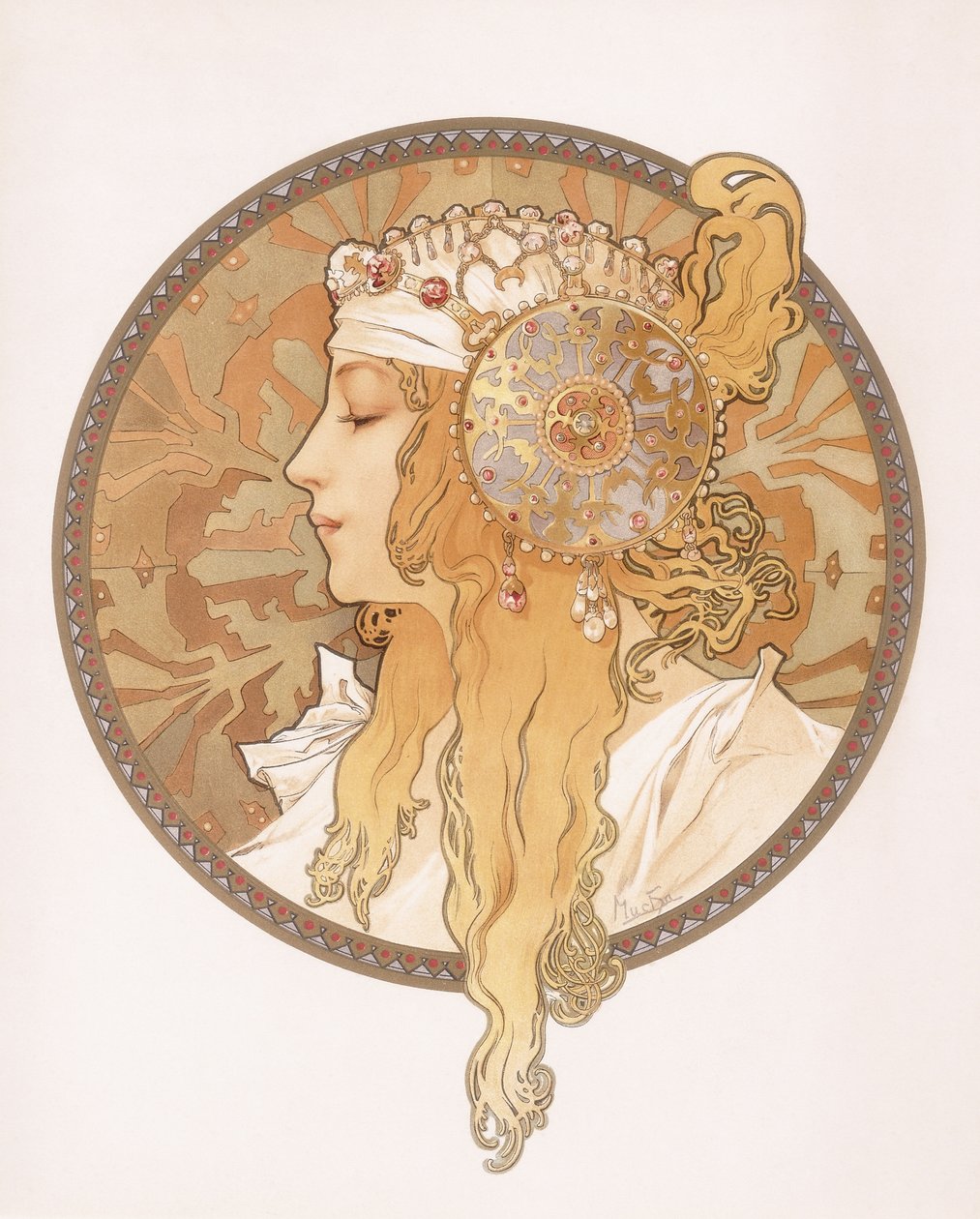 byzantinsk hoved af en blond jomfru; Tete byzantine d"une femme blonde, ca. 1897 af Alphonse Mucha