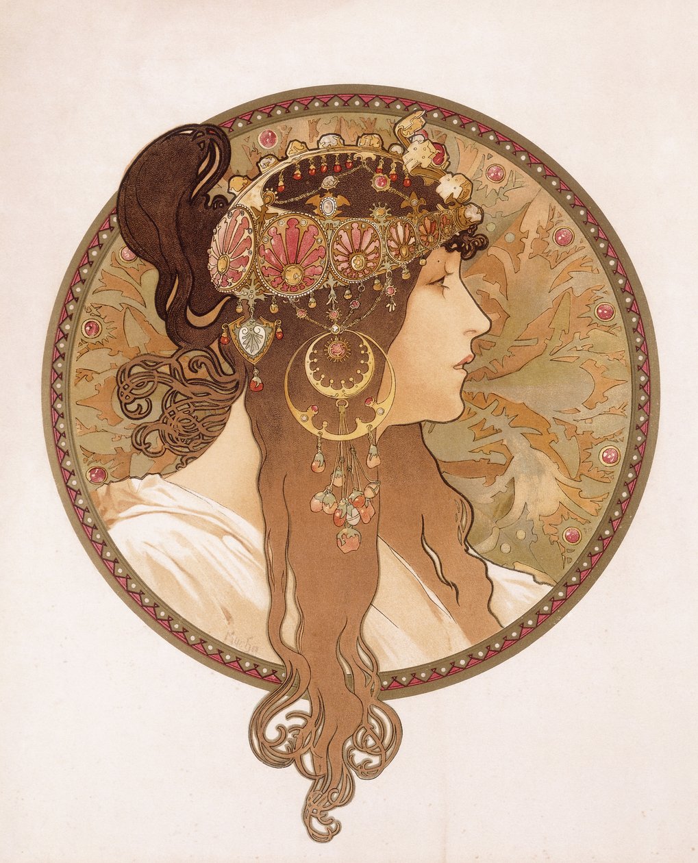 Byzantinsk hoved af en brunette; Tete byzantine d"une brunette, ca. 1897 af Alphonse Mucha
