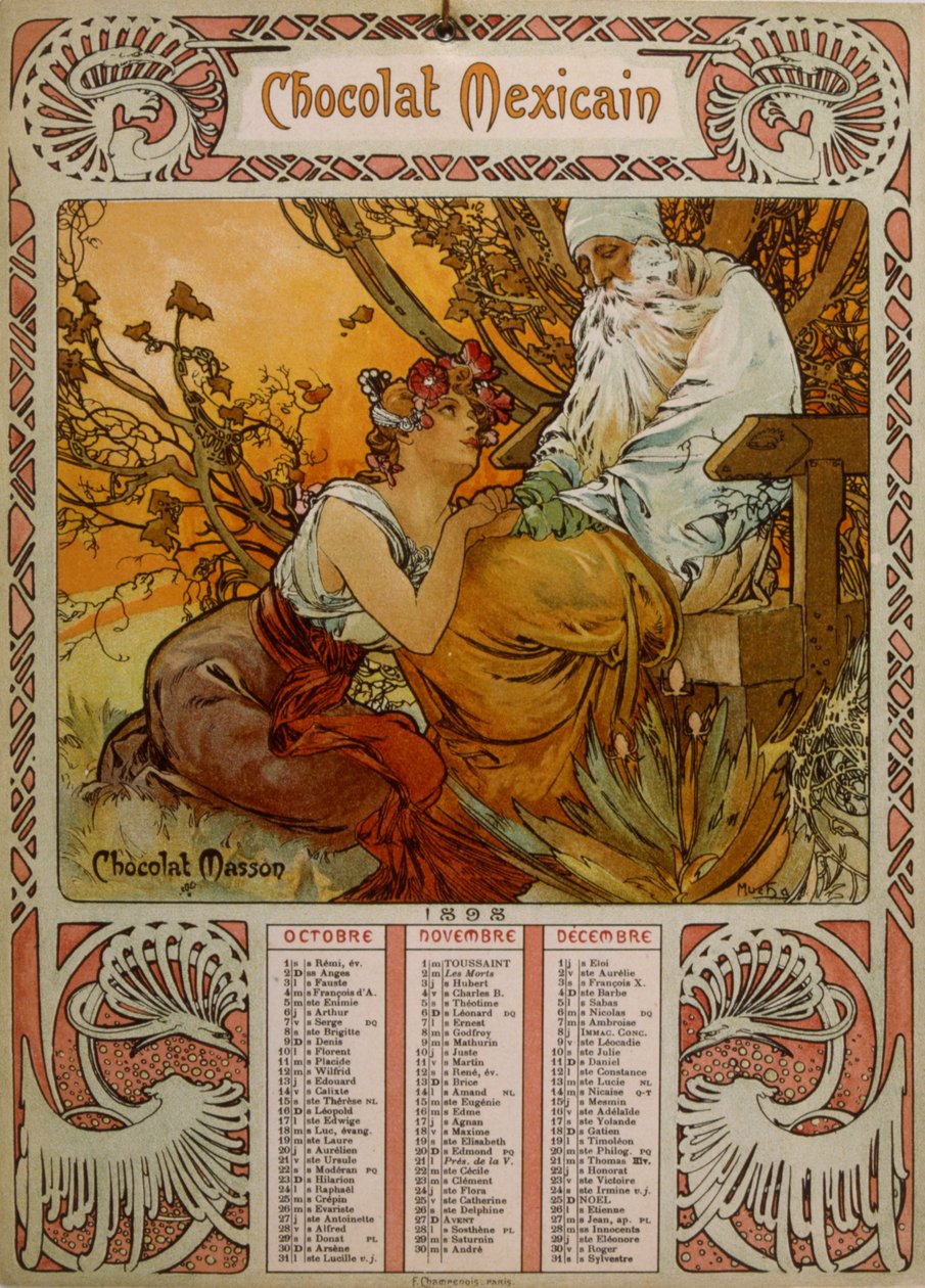 Chokolade Masson-kalender illustreret af Mucha (1860 – 1939). en tjekkisk art nouveau-maler af Alphonse Mucha