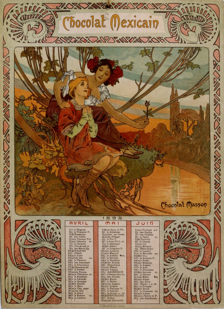 Chocolate Masson-kalender illustreret af Mucha (1860 1939). en tjekkisk art nouveau-maler af Alphonse Mucha