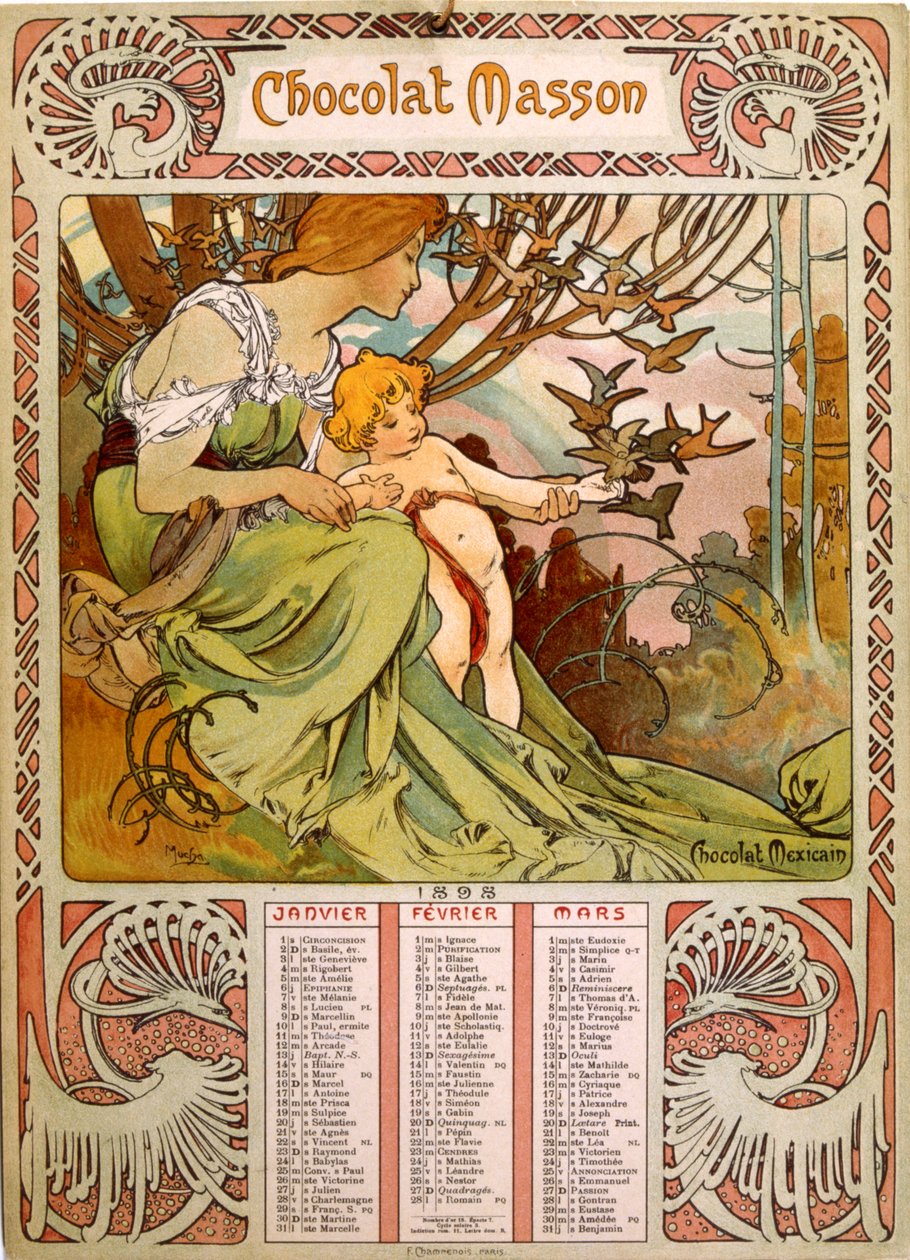 Chocolate Masson-kalender illustreret af Mucha (1860 1939). en tjekkisk art nouveau-maler af Alphonse Mucha