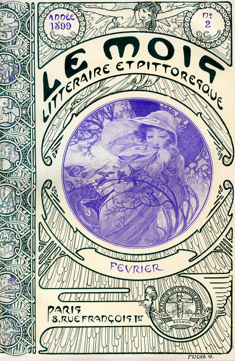 Forsiden af bladet (månedsmagasinet) Le Month litteraire et maleriske af Alphonse Mucha (1860-1939): februar måned 1899 - Maison de la Bonne Presse - af Alphonse Mucha