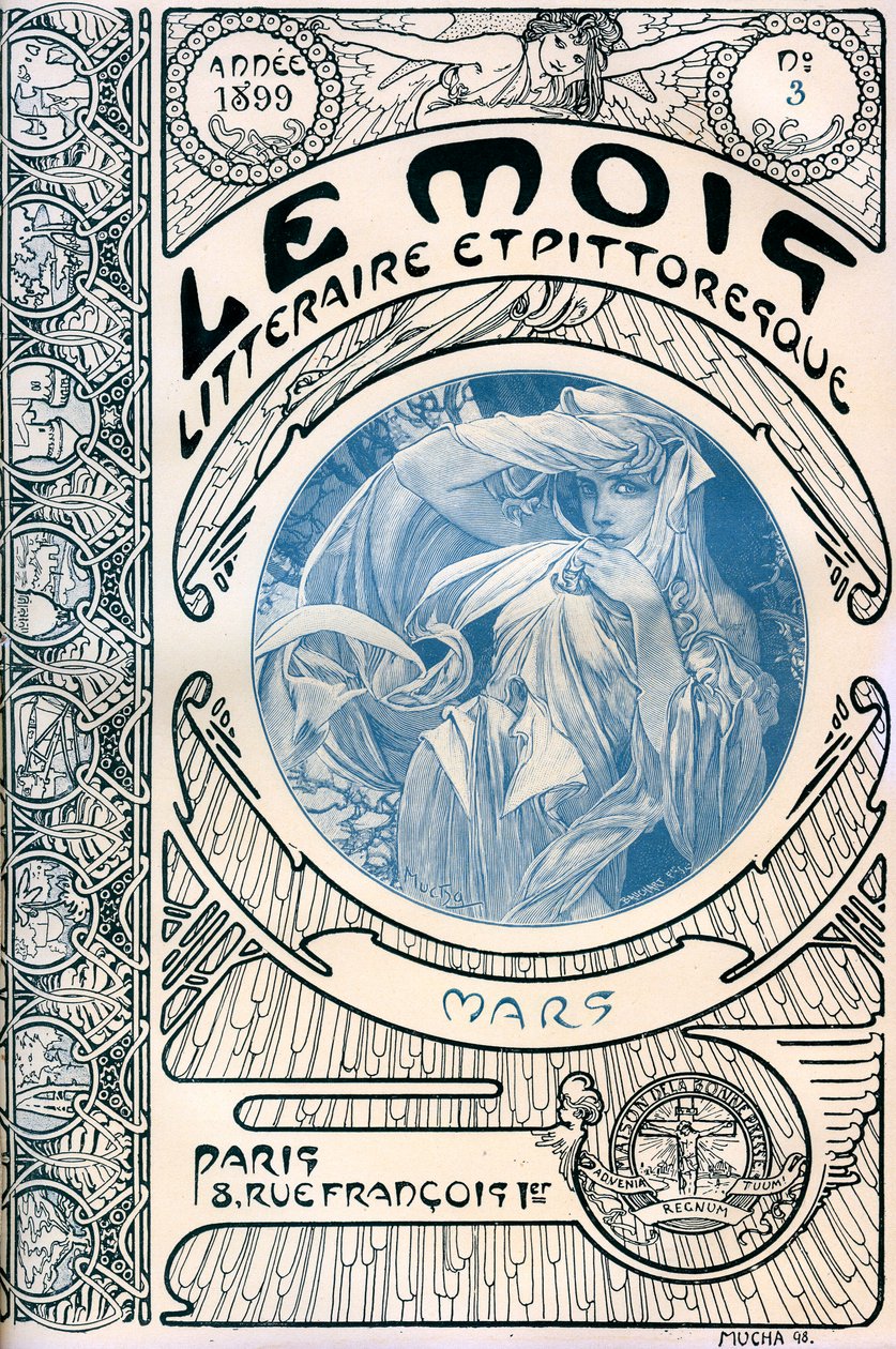 Forsiden af bladet (månedligt blad) Den litterære og maleriske måned af Alphonse Mucha (1860-1939): marts 1899 - Maison de la Bonne Presse - af Alphonse Mucha