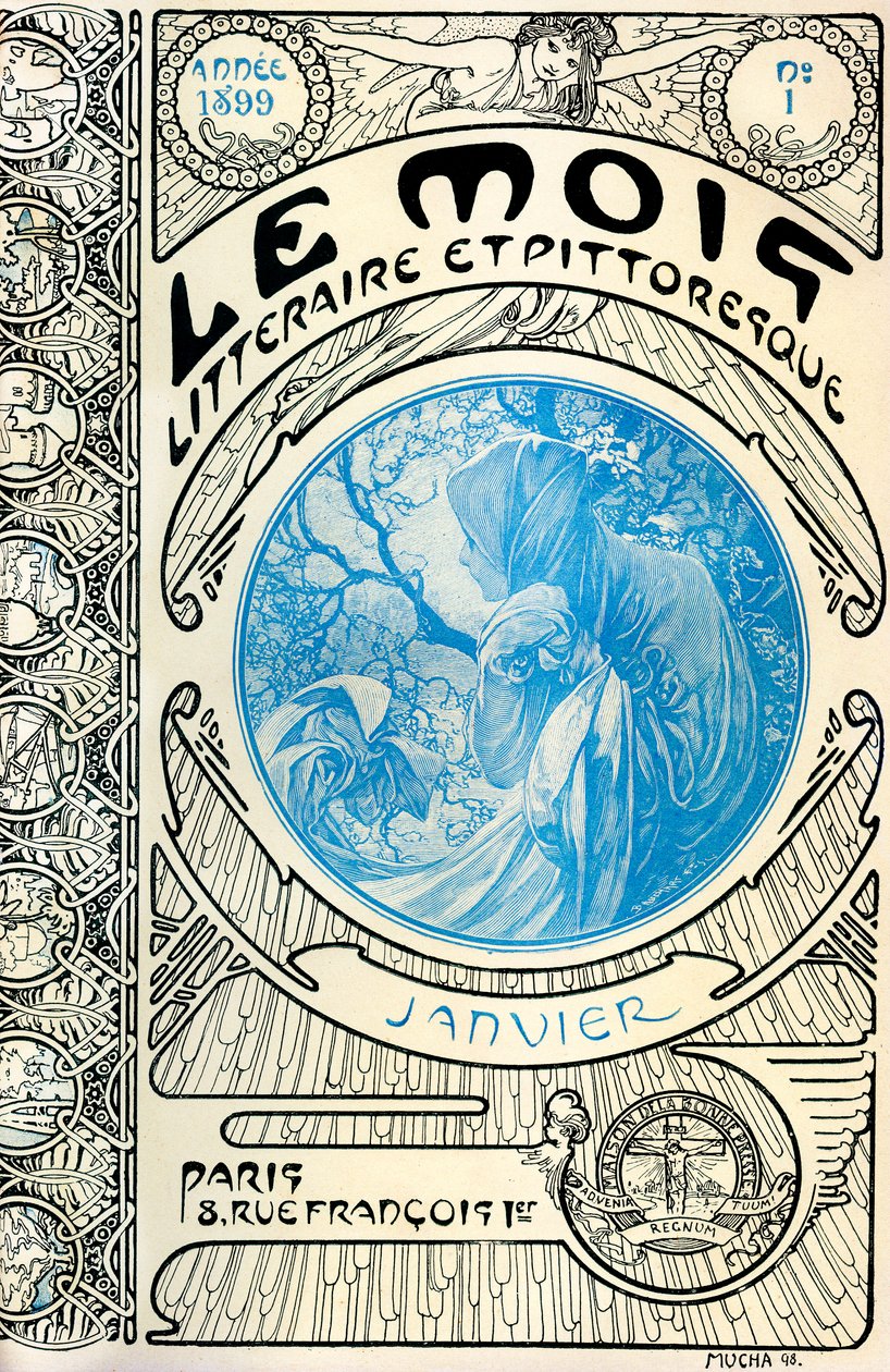 Forsiden af bladet (månedligt blad) Den litterære og maleriske måned af Alphonse Mucha (1860-1939): Januar 1899 - Maison de la Bonne Presse - af Alphonse Mucha