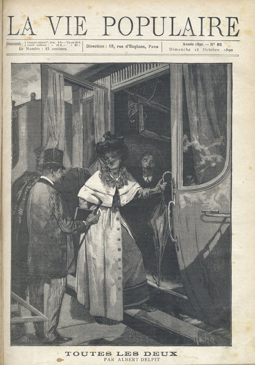 Farvel mellem en mand og en kvinde, der stiger på et tog på perronen på en station. Illustration af Alfons Maria Mucha (Alphonse Marie Mucha af Alphonse Mucha