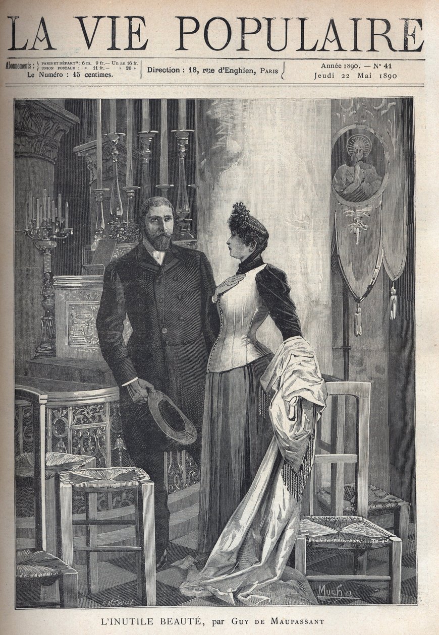 I en kirke står et smukt og elegant par op mellem stearinlys og beder til Gud. Illustration af Alfons Maria Mucha (Alphonse Marie Mucha af Alphonse Mucha