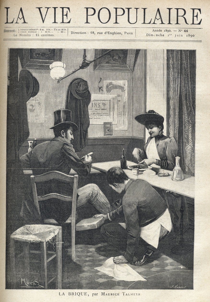 På en restaurant er en mand og en kvinde adskilt og spiser aftensmad. Tjenestemanden sidder på hug ved manden og installerer en varm mursten under hans fødder. Illustration af Alfons Maria Mucha (Alphonse Marie Mucha af Alphonse Mucha