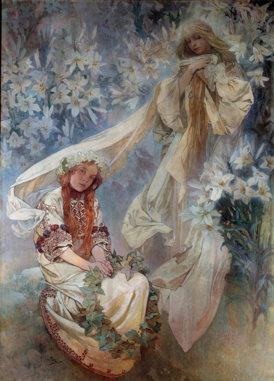 La Madonna au Lys maleri af Alphonse Mucha (1860-1939) 1905 privat samling af Alphonse Mucha