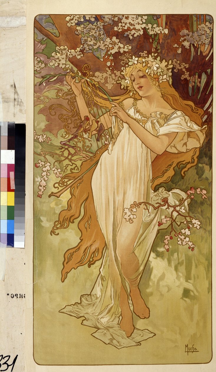 Forår (Serie af allegori om de fire årstider). Kunstværk af Alfons Maria Mucha (Alphonse Marie Mucha af Alphonse Marie Mucha