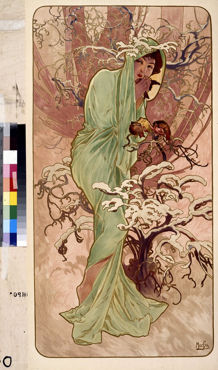 Vinter (Serie af allegori om de fire årstider). Kunstværk af Alfons Maria Mucha (Alphonse Marie Mucha af Alphonse Marie Mucha