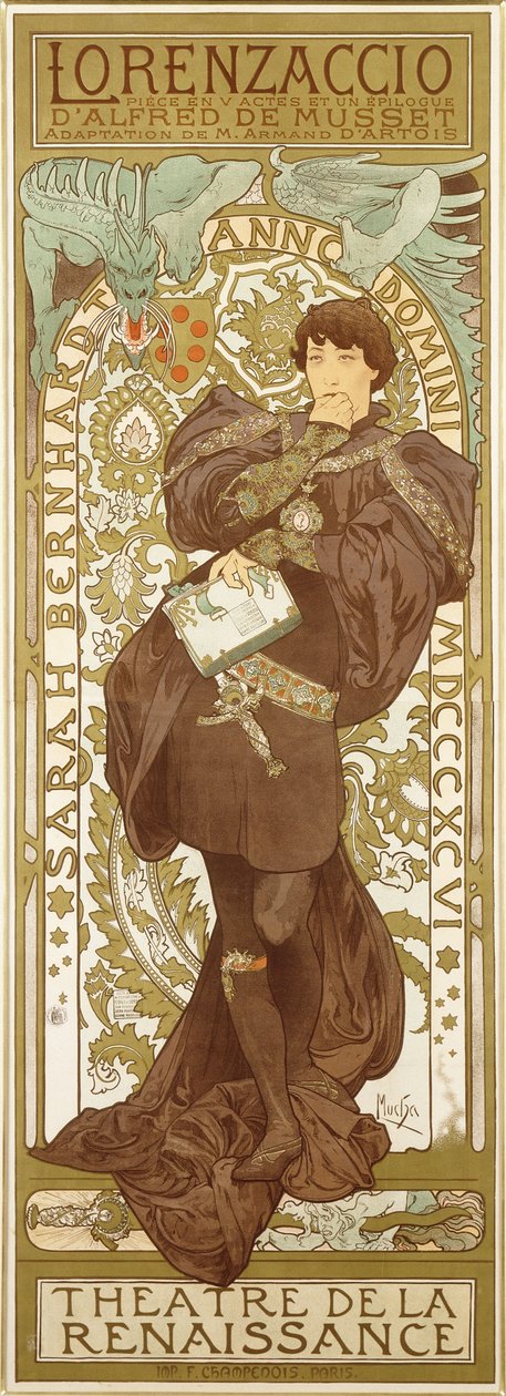 Lorenzaccio, der skildrer den stående figur af Sarah Bernhardt i rollen, 1896 af Alphonse Mucha