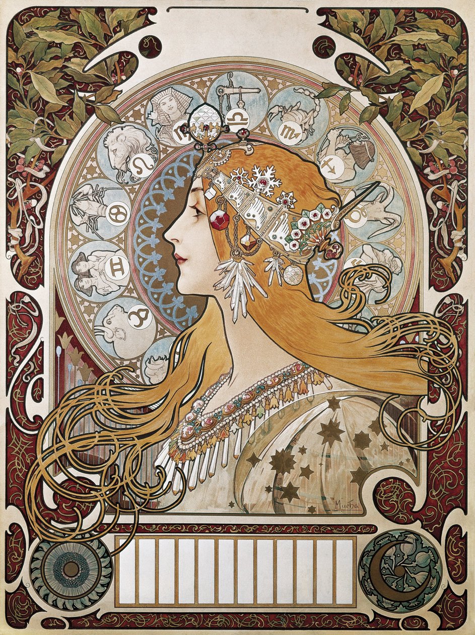 MUCHA, Alphonse Maria (1860-1939). Stjernetegn. 1896. (67 x 48 cm). Plakat og kalender, der reklamerer for magasinet "La Plume"" (Fjeren). Modernisme. Litografi af Alphonse Marie Mucha