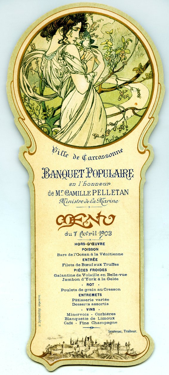 Menu fra en populær banket arrangeret i Carcassonne den 7. april af Alphonse Mucha