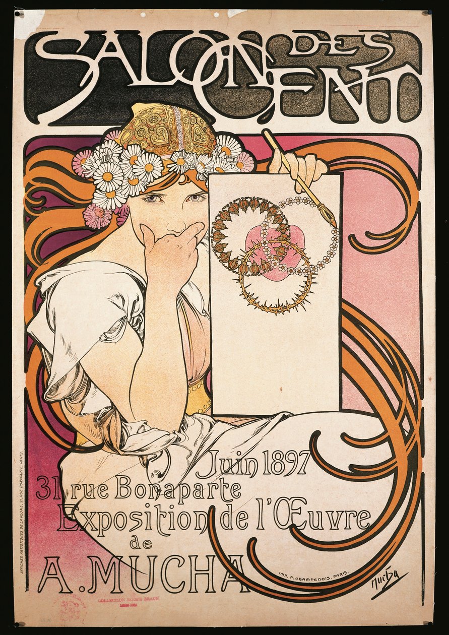 Plakat, der reklamerer for udstillingen af A. Mucha i Salon des Cent af Alphonse Marie Mucha