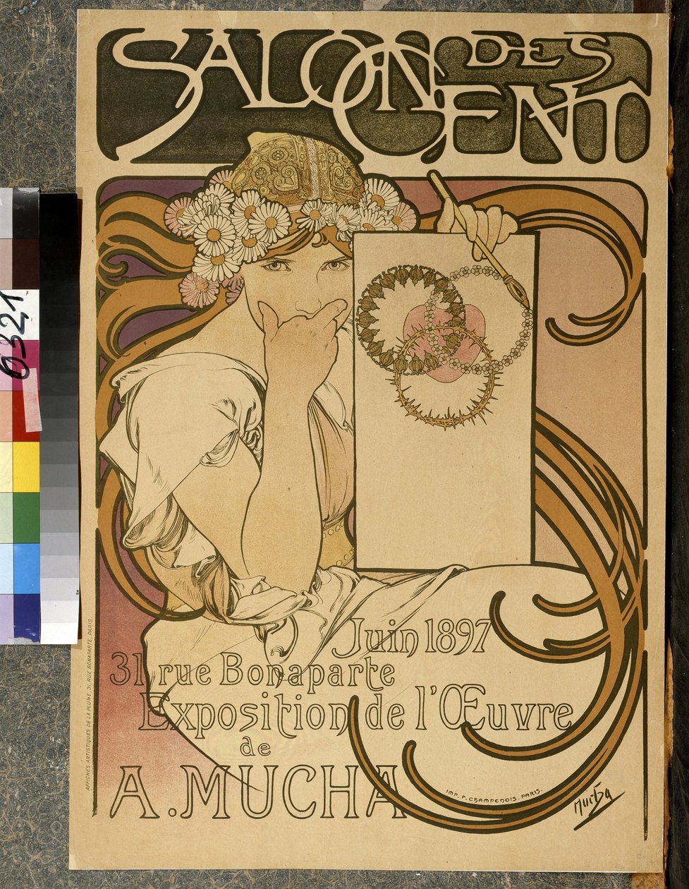 Plakat, der reklamerer for udstillingen af A. Mucha i Salon des Cent, 31 rue Bonaparte a Paris, juni 1897 (farve litho) af Alphonse Mucha
