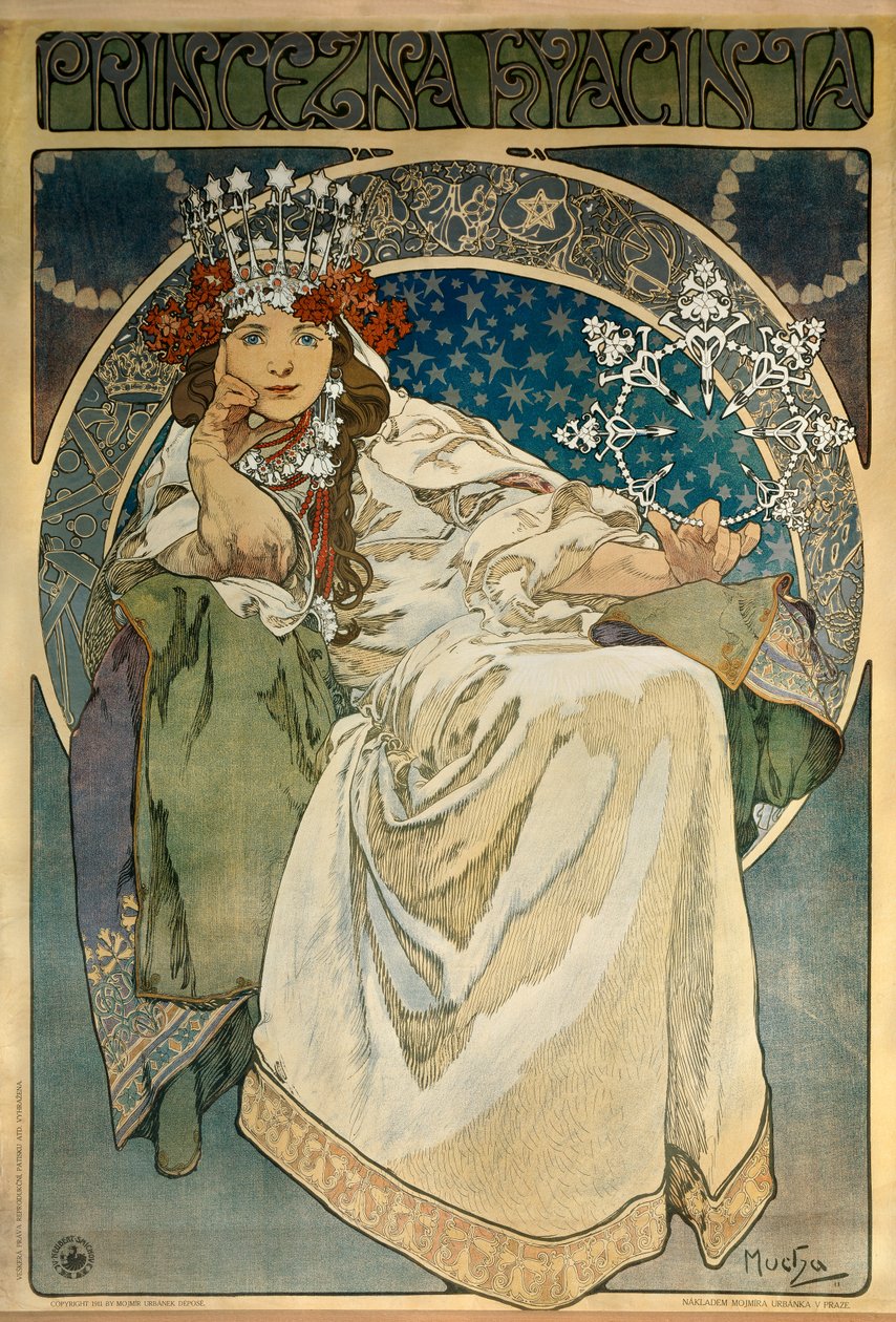 Plakat af Alphonse Mucha (1860-1939) for skabelsen af balletten "Prinsesse Hyacinthe"" af Oskar Nedbal (1874-1930) på Nationalteatret i Prag og repræsenterende skuespillerinden Andula Sedlackova af Alphonse Mucha
