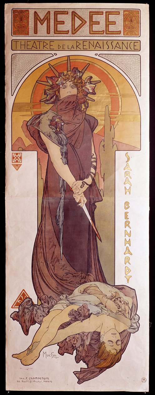 Plakat for "" Medee"" udført af Henriette Rosine Bernard dit Sarah Bernhardt (1844-1923) på Renæssanceteatret. Illustration af Alphonse Mucha (1860-1939) Paris, Dekorativ kunst af Alphonse Mucha