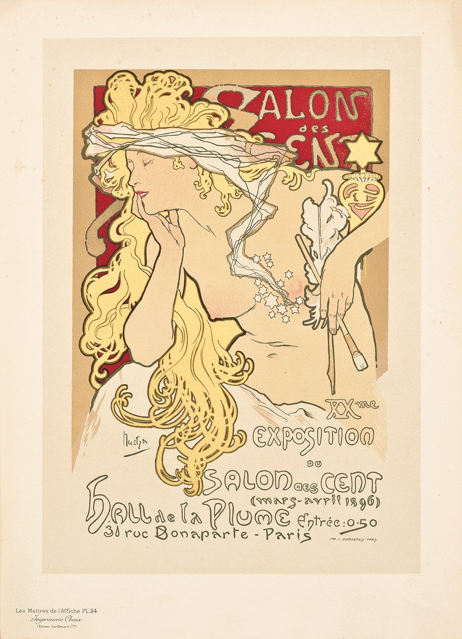 Reproduktion af en plakat, der reklamerer for Salon des Cent-udstillingen i Hall de la Plume, 1896 af Alphonse Mucha