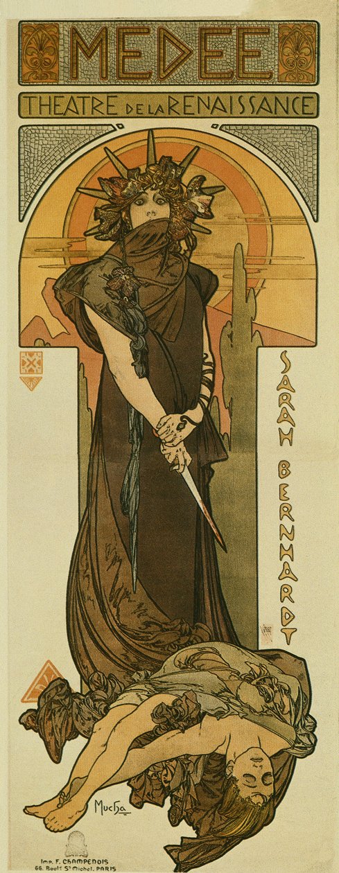 Sarah Bernhardt som Medee på Renæssanceteatret. 1898 (litografi) af Alphonse Mucha