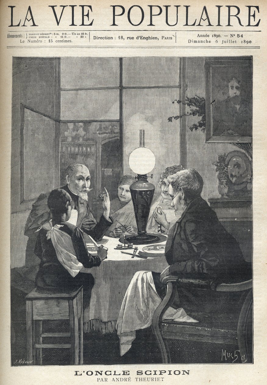 Scene i familielivet: omkring middagsbordet er en familie samlet, oplyst af en olielampe og lytter nøje til en besøgende onkel, med klare øjne og hånd, der markerer højdepunkterne i hans historie. Illustration af Alfons Maria Mucha (Alphonse af Alphonse Mucha