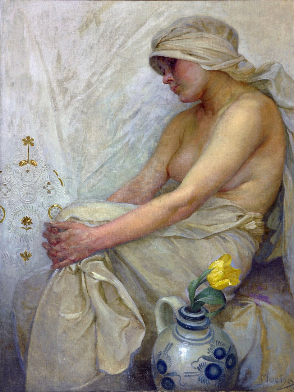 Siddende pige af Mucha, Alfons Marie (1860-1939), ca. 1914 - Tempera på lærred, 80x60 - Privat samling af Alphonse Mucha