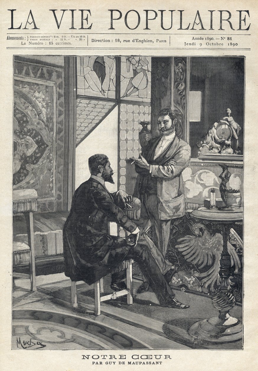 To mænd, den ene siddende og den anden stående, står over for hinanden og er i fuld snak og ryger cigaretter i en rigt dekoreret stue (mosaikvinduer, møbler, kunstgenstande). Illustration af Alfons Maria Mucha (Alphonse Marie Mucha af Alphonse Mucha