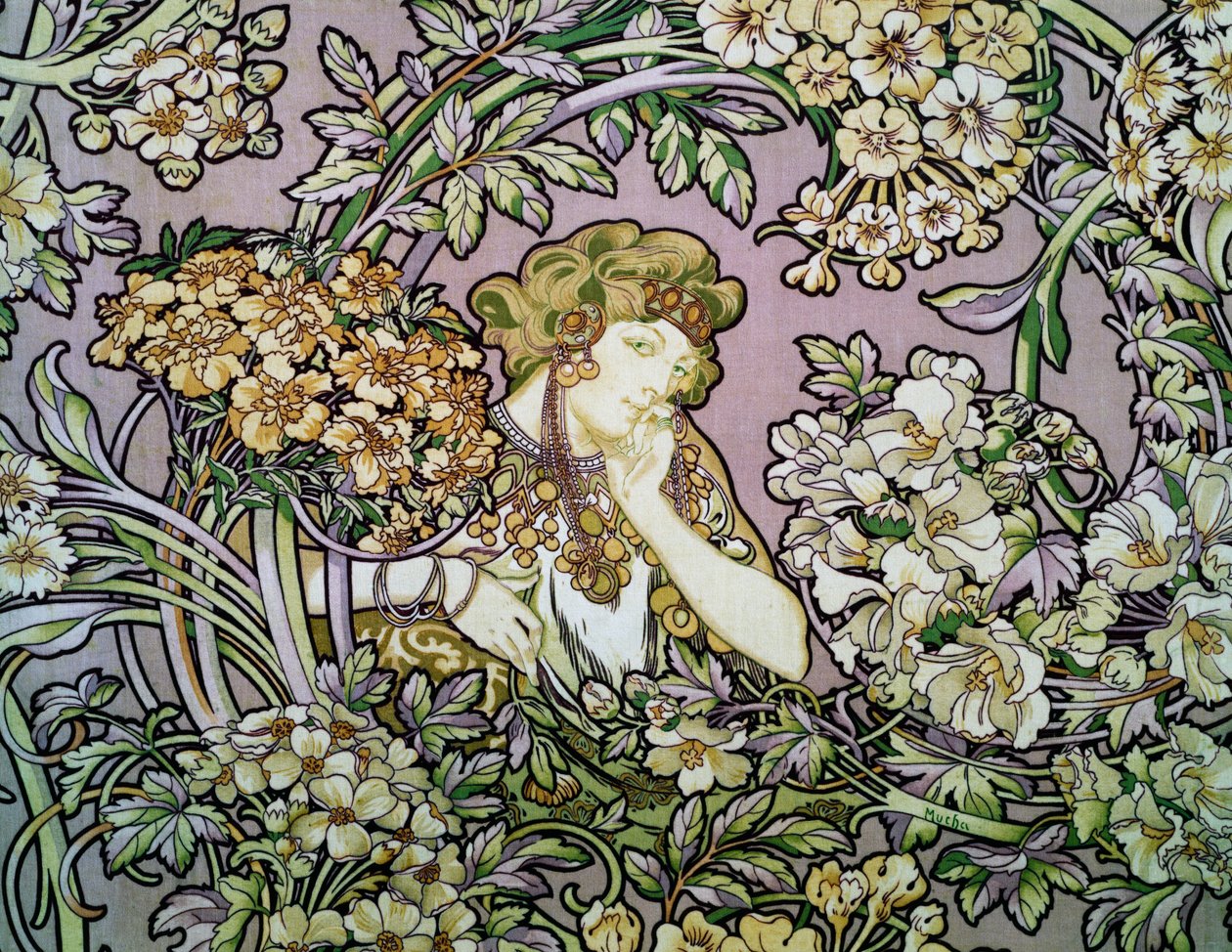 Kvinde blandt blomster, ca. 1900 (litografi på silkefløjl) af Alphonse Marie Mucha