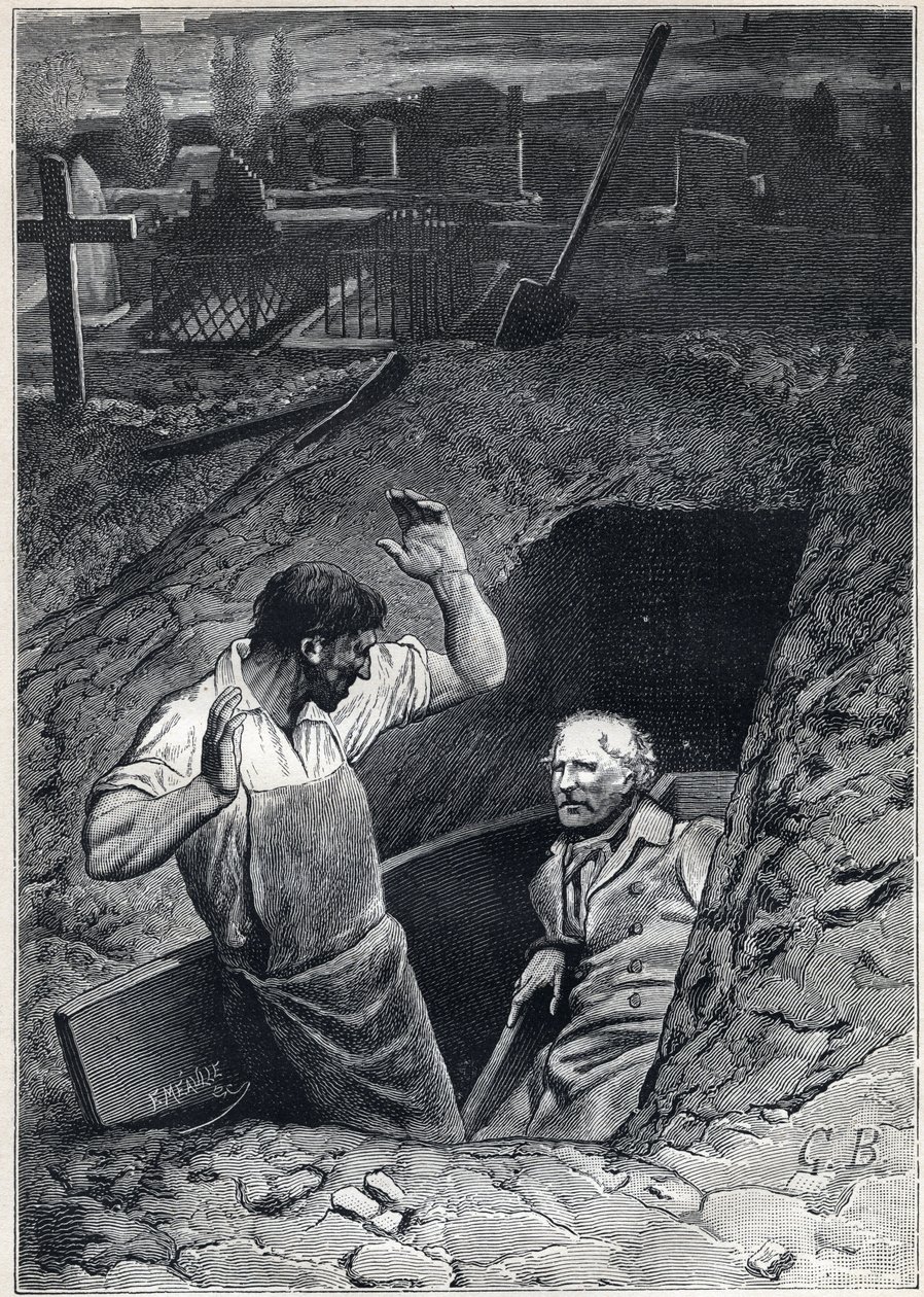 En opstandelse er næsten lige så skræmmende som et dødsfald: Fauchelevent og Jean Valjean - Illustration af Alphonse de Neuville (1836-1885) til "Les miserables - Second part: Cosette" af Victor Hugo (1802-1885) 1862 af Alphonse Marie de Neuville
