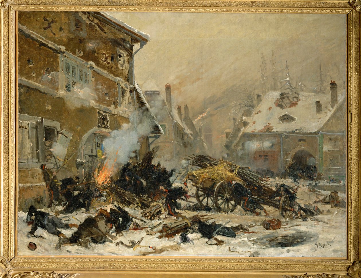 Angreb på et barrikaderet hus i Villersexel, den østlige hær ... (maleri på lærred) af Alphonse Marie de Neuville
