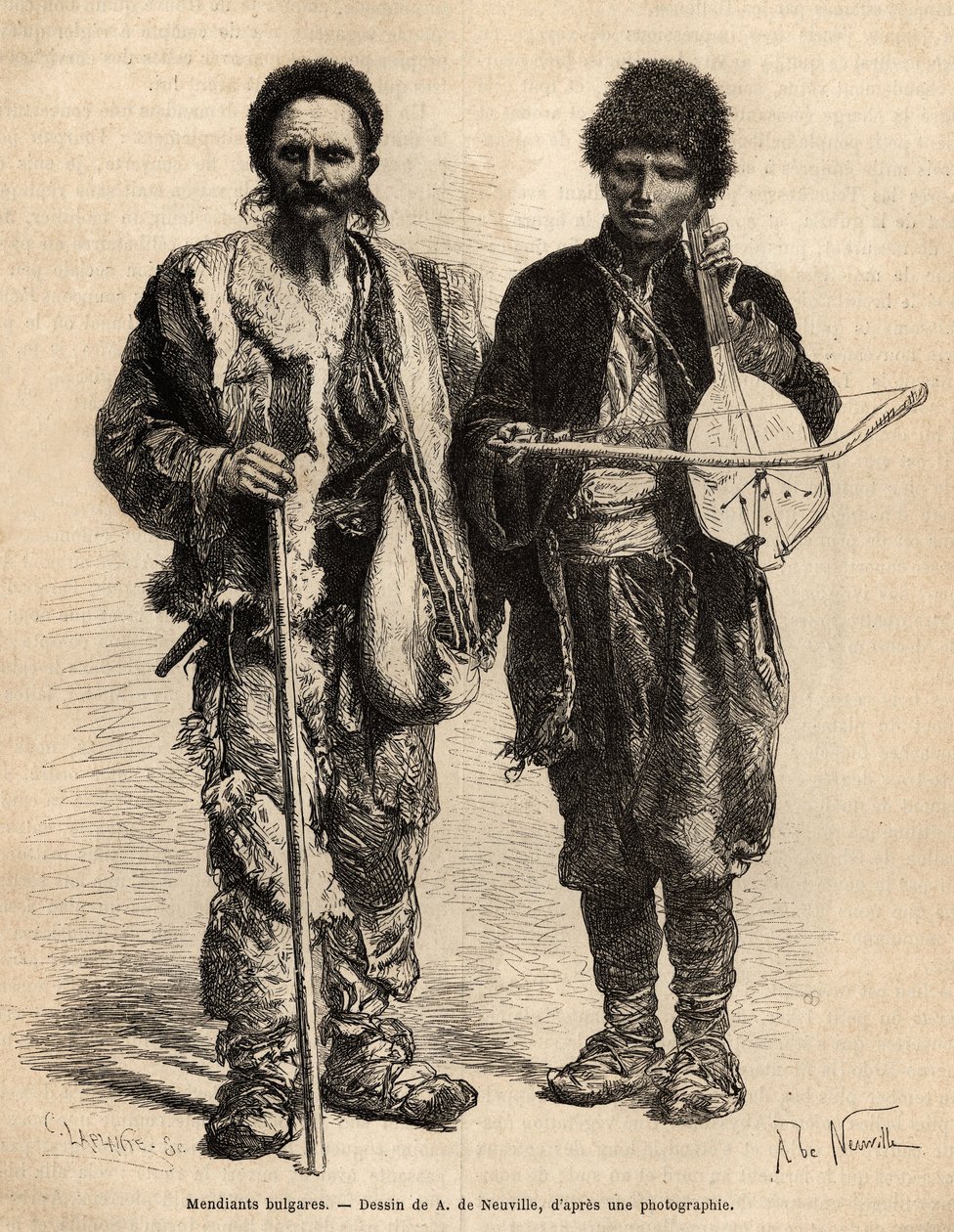 Bulgarske omrejsende tiggere, herunder en blind person, der spiller ghuzla (serbisk lut har et reb), der ledsager recitationen af poesi og episke oplæsninger, indgraveret efter tegningen af A. De Neuville, der illustrerer rejsen til Bulgarien, af Guillaume af Alphonse Marie de Neuville