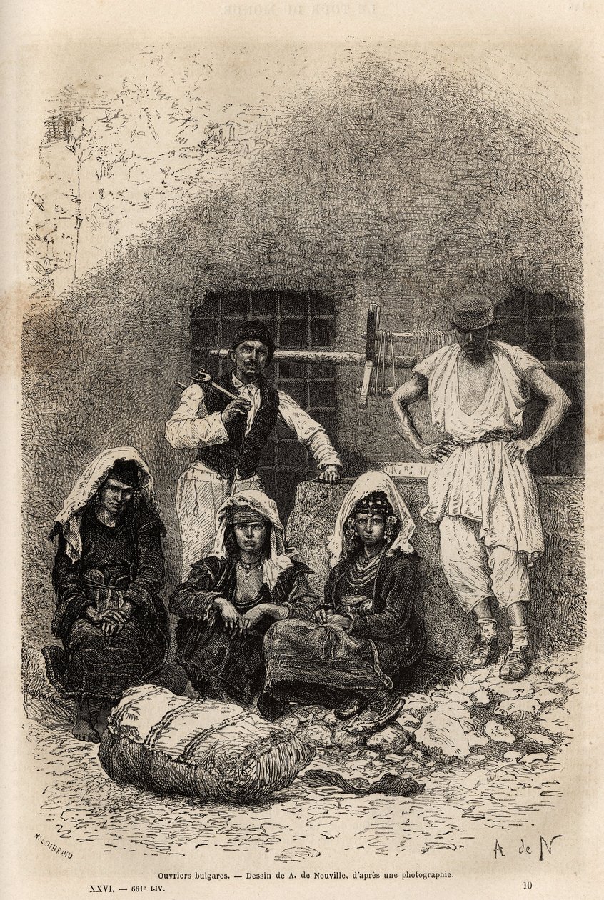 Bulgarske arbejdere, nær Sophia, gravering efter tegningen af A. De Neuville, illustrerende rejsen til Bulgarien, af Guillaume Lejean, i 1867, udgivet i "" Le tour du monde"" 1873, redigeret af Edouard Charton, Hachette-udgaven, Paris . Selva samling af Alphonse Marie de Neuville
