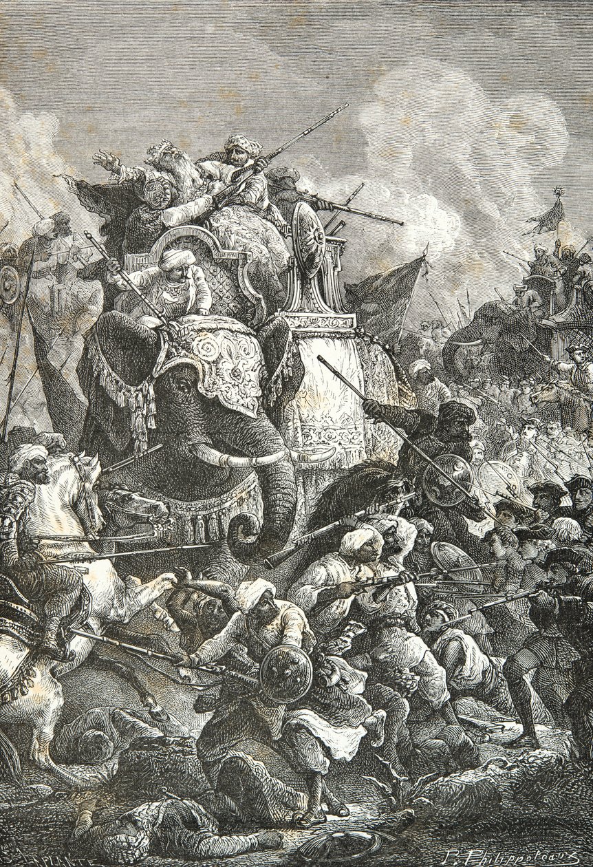 Arcate Anaverdi Khans død i slaget ved Ambour, den karnatiske krig af Alphonse Marie de Neuville