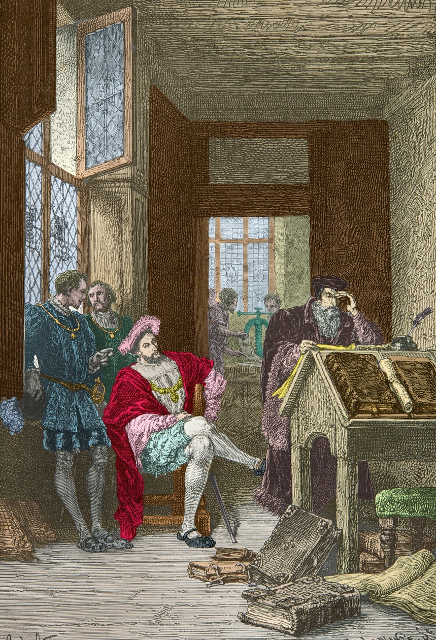 Francois 1er besøger Robert Estiennes trykkeri (Gravering) af Alphonse Marie de Neuville