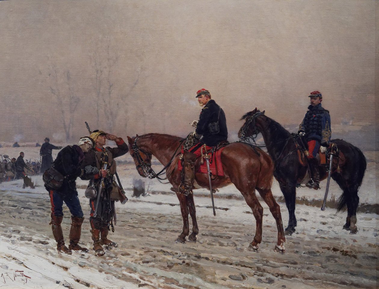 General afhøring af en mobil vagt, der støtter en såret officer, december 1870 af Alphonse Marie de Neuville