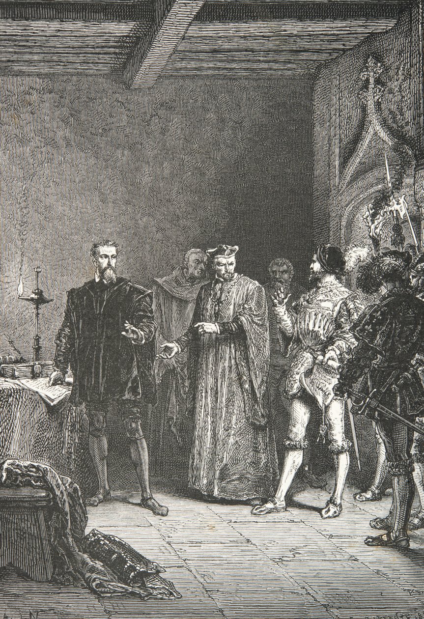Jean de La Barre informerer Louis de Berquin om sin løsladelse fra conciergeriet (Kobberstik) af Alphonse Marie de Neuville