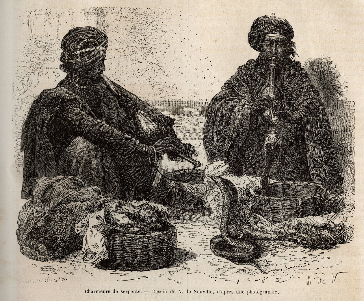 Les charmeurs de serpents, som handler med krybdyr, som de tiltrækker ved at blæse i deres toumril (fløjte), gravering efter tegningen af A. de Neuville, der illustrerer Rajahernes rejse til Indien, i 1864-1868, af Louis Rousselet, udgivet i "" Le tour af Alphonse Marie de Neuville