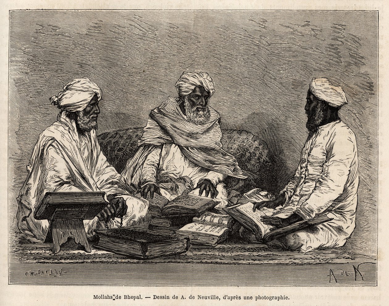 Les mullahs de la moské de Bhopal, i fuld diskussion af de omstridte punkter i den muslimske religion, gravering efter tegningen af A. de Neuville, der illustrerer Rajahernes rejse i Indien, i 1864-1868, af Louis Rousselet, udgivet i "" Le til af Alphonse Marie de Neuville