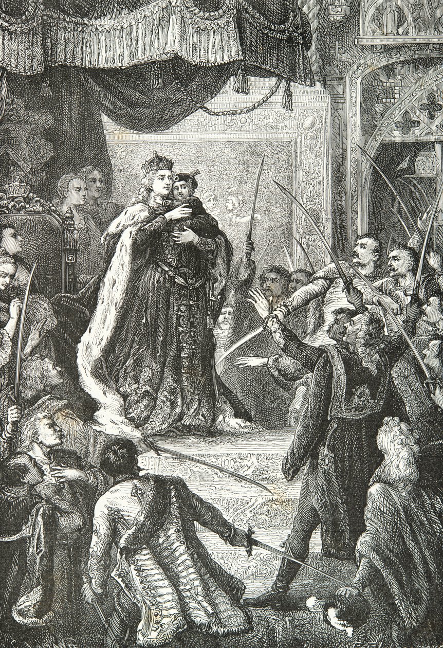 Maria Theresia af Østrig med den kommende Josef 2. foran de ungarske stormænd af Alphonse Marie de Neuville