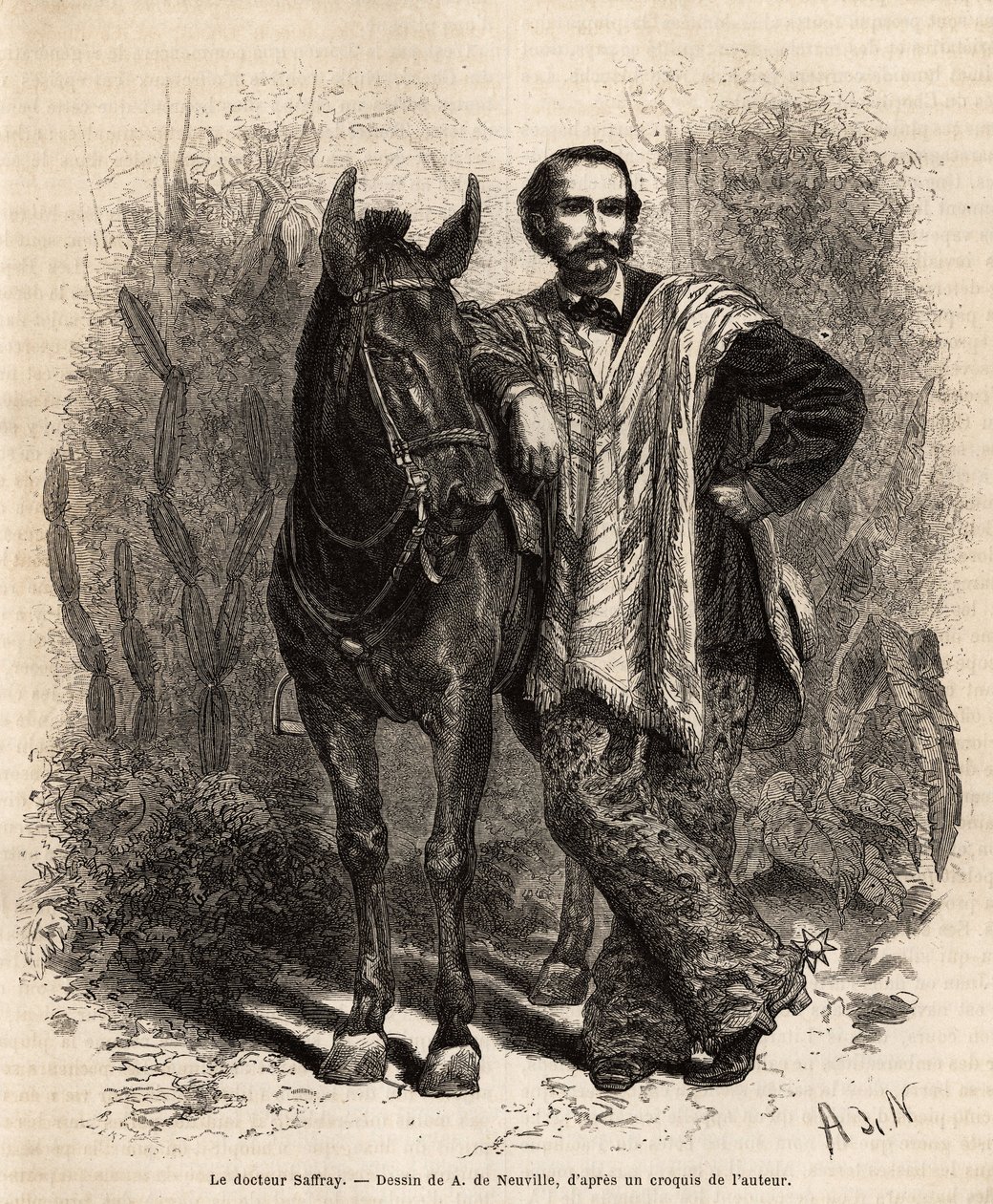 Portræt af Dr. Saffray, arme på sit bjerg, i rejsedragt, gravering efter tegningen af A. de Neuville, illustrerende rejsen til New Granada, af Dr. Saffray, i 1869, udgivet i "" Le tour du monde"" ” 1873, redigeret af Edouard Charton, Hachette editi af Alphonse Marie de Neuville